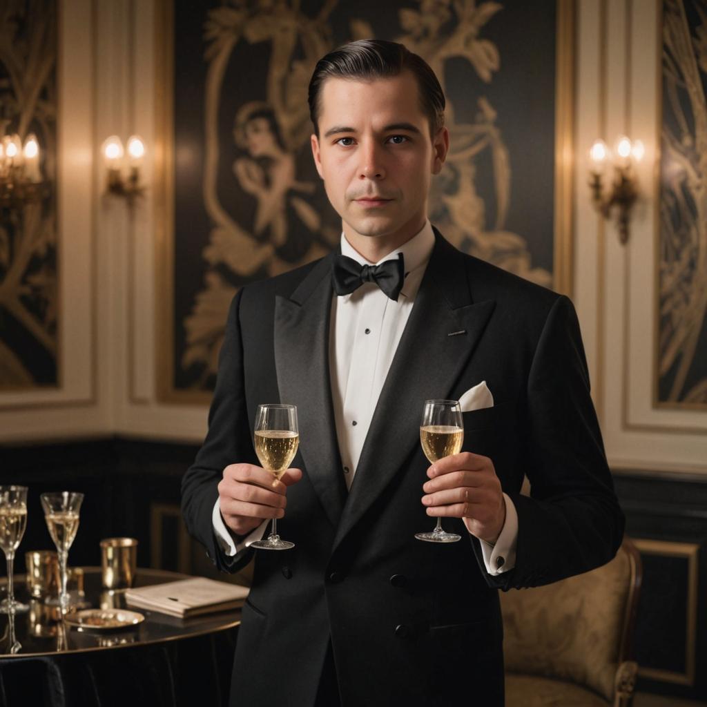 Sophisticated Man in Tuxedo with Champagne Flutes