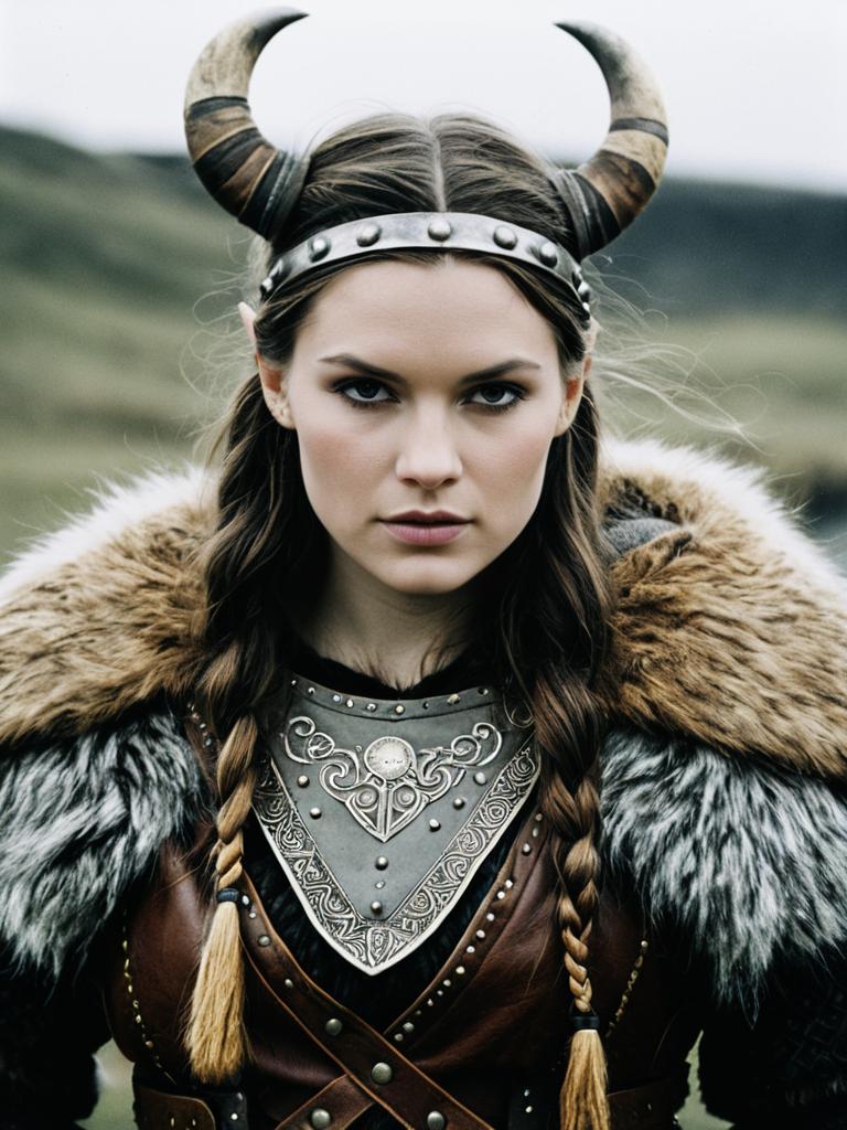 Woman in Viking Costume with Fur Detail and Horned Headpiece Editorial Portrait