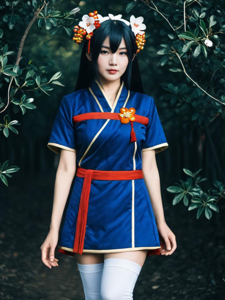 Realistic Cosplay Woman Wearing Daki Ume Costume in Nature