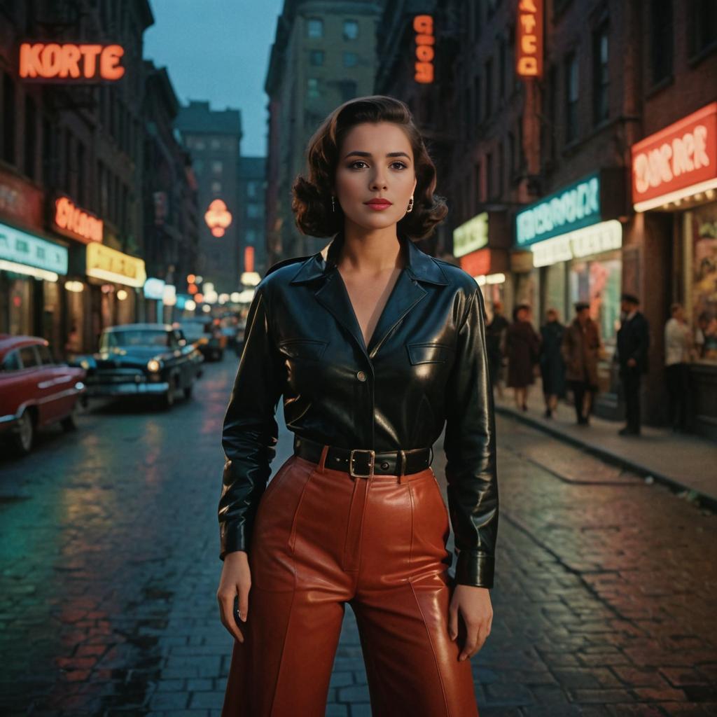 Serene Woman in Stylish Leather Outfit with Vintage Neon Signs