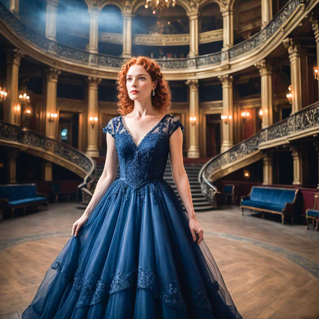 Woman in Blue Gown in Elegant Theater