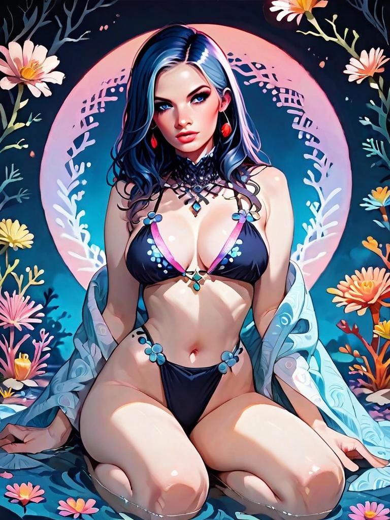 Dark Fantasy Woman in Bikini Kneeling by Moonlight with Floral and Misty Night Background
