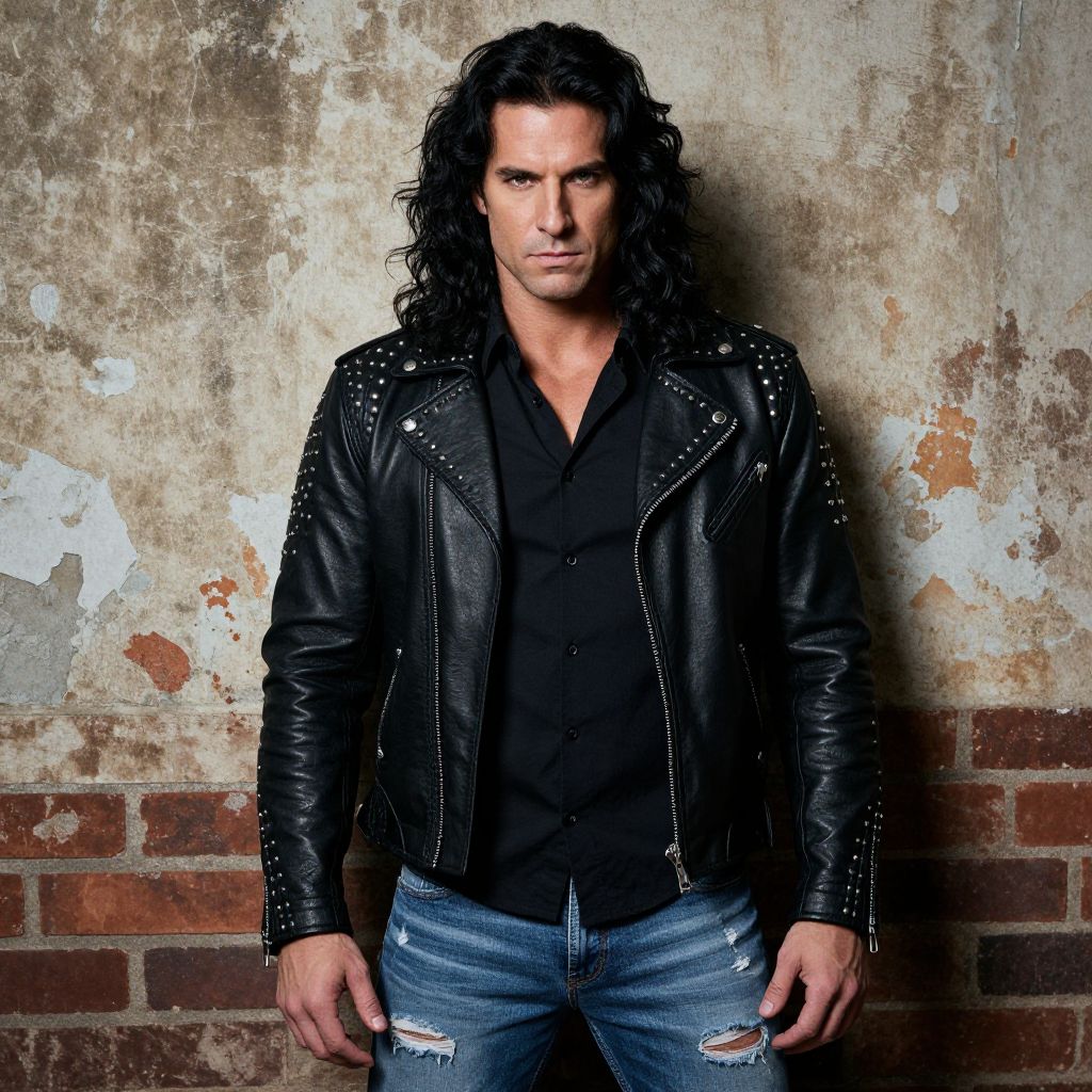 Man in Studded Black Leather Jacket and Ripped Jeans Standing Against Rustic Wall