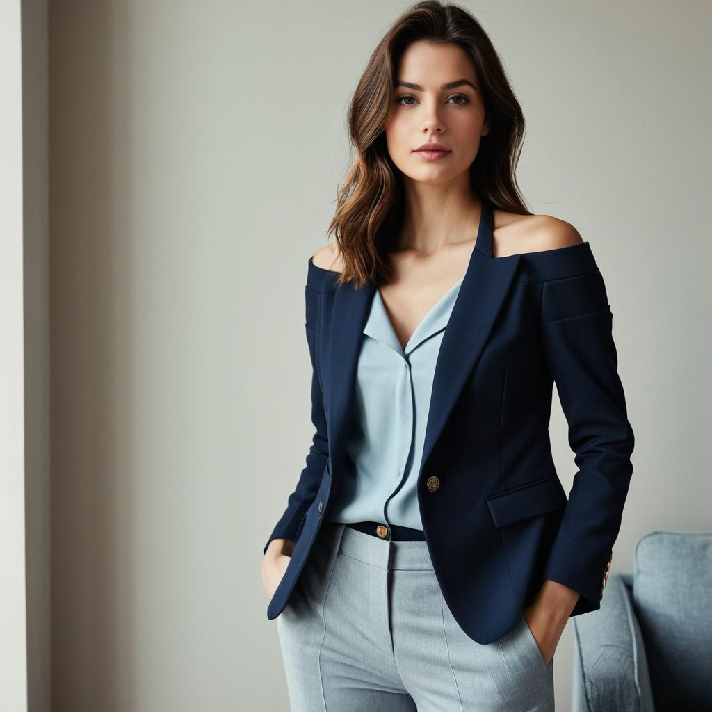 Confident Woman in Stylish Off-Shoulder Navy Blazer and Light Blue Blouse