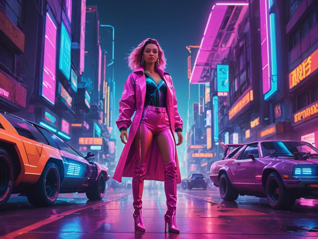 Futuristic urban scene with woman in pink jacket