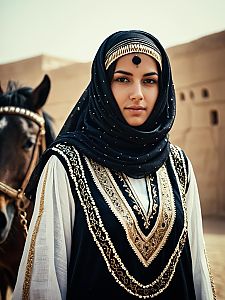 Photorealistic Cultural Fashion Portrait of Woman in Arabian Dress with Horse