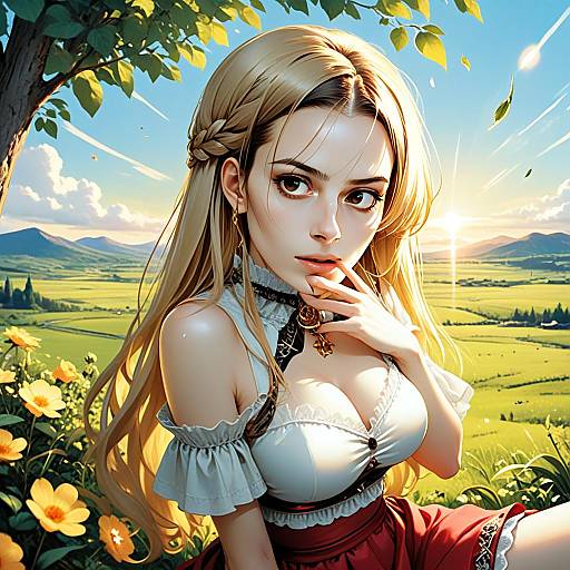 Blonde Woman in Traditional Dress at Sunset in Fantasy Landscape Illustration