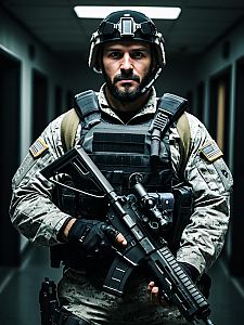 Soldier in Tactical Gear with Assault Rifle