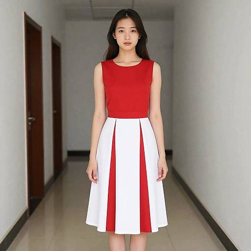Woman in Red and White Light Academia Dress Standing in Hallway