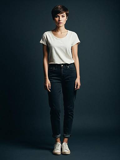 Full Body Editorial Portrait of Woman with Dark Brown Pixie Cut in Casual Attire