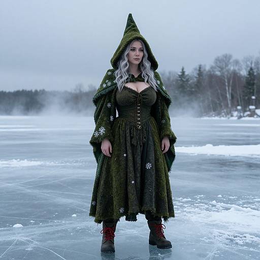 Woman in Green Fantasy Cloak Standing on Frozen Lake