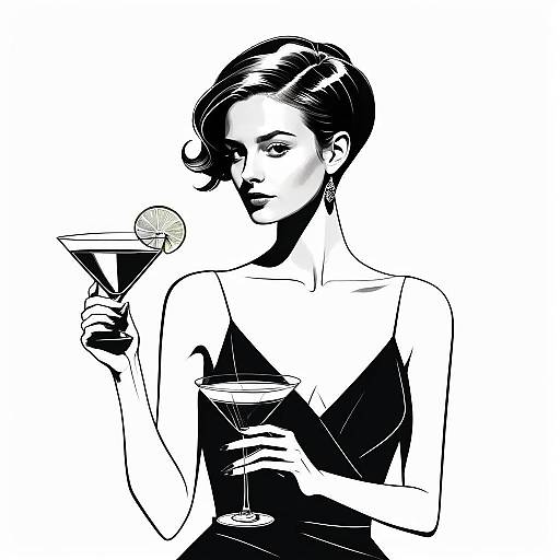 Elegant Woman Holding Martini Glasses Black and White Illustration