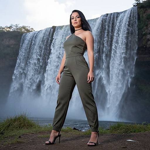 Woman in Olive Green Jumpsuit by Waterfall Outdoor Portrait