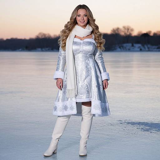 Elegant Woman in Silver Winter Coat and White Boots on Frozen Lake