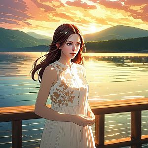Young Woman by Serene Lake at Sunset