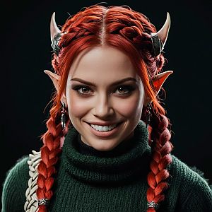 Smiling Woman with Red Braided Hair and Fantasy Horns