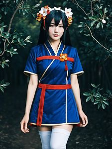 Realistic Cosplay Woman Wearing Daki Ume Costume in Nature