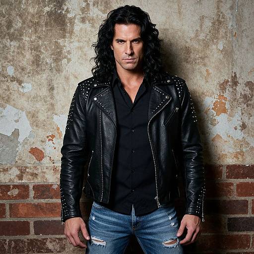 Man in Studded Black Leather Jacket and Ripped Jeans Standing Against Rustic Wall