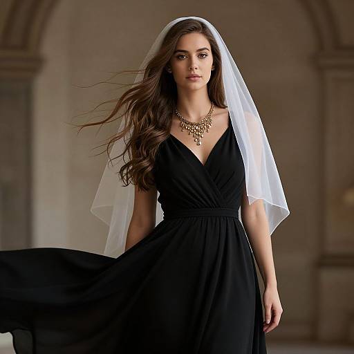 Elegant Woman in Flowing Black Gown with White Veil and Gold Necklace