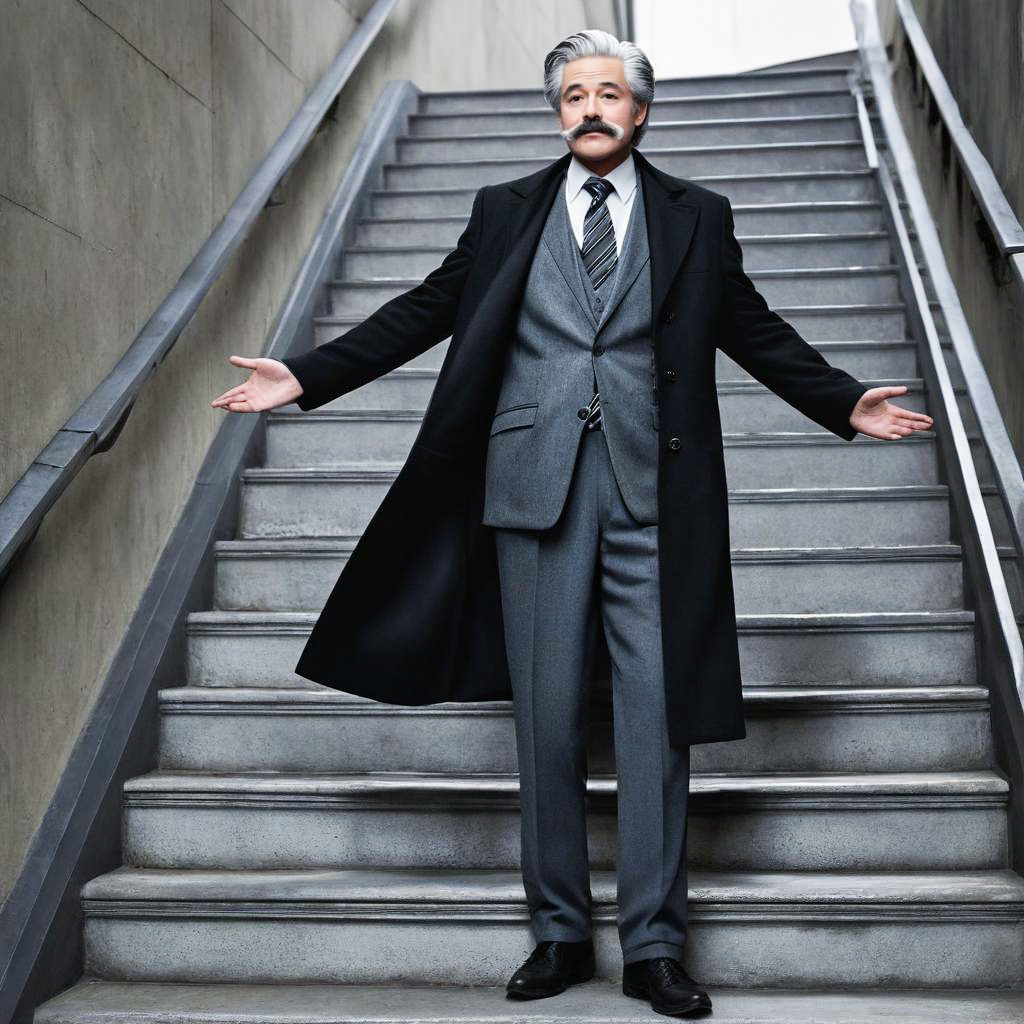 Confident man in grey suit on staircase