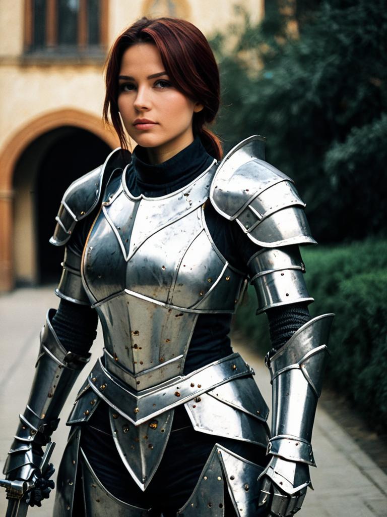 Woman Cosplay Wearing Metal Knight Costume Realistic Photo