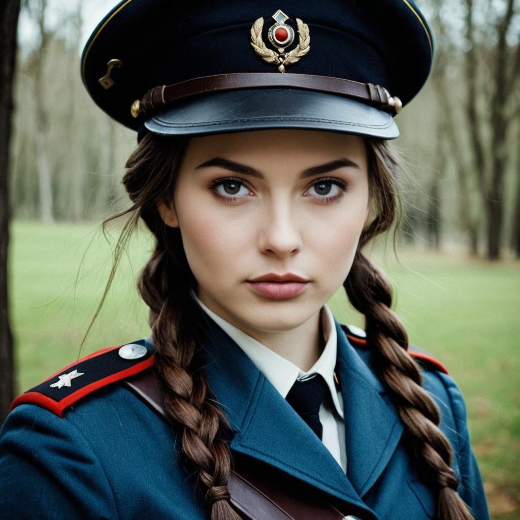 Young Woman in Military Uniform Outdoors