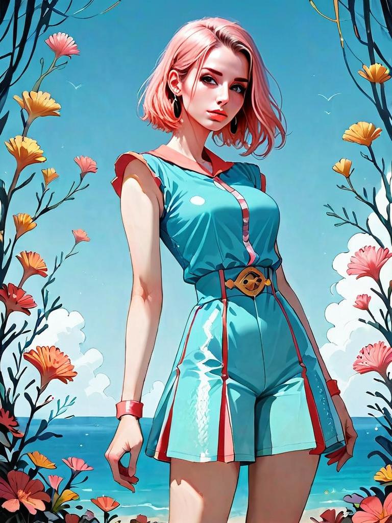 Young Woman Wearing Blue Rash Guard Outfit by the Sea with Floral Frame