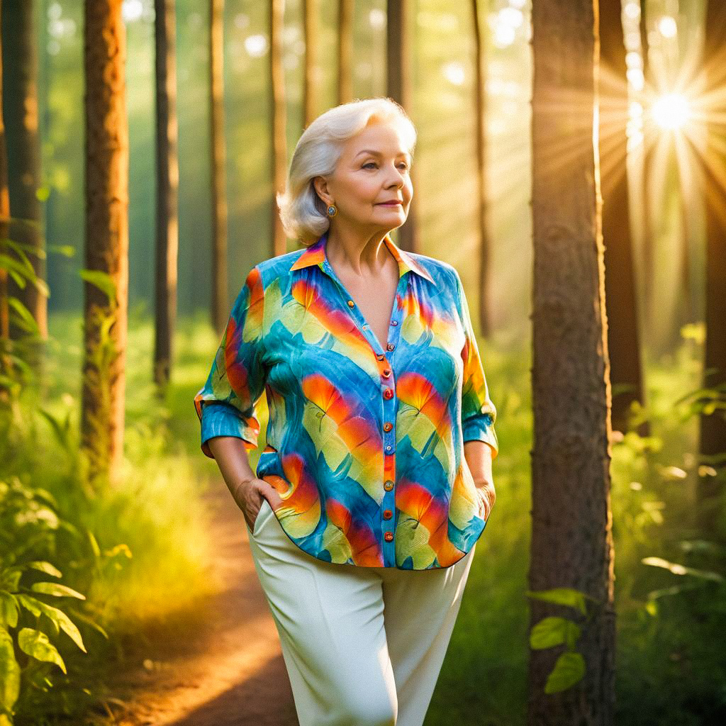 Woman in Colorful Shirt Walking in Sunlit Forest