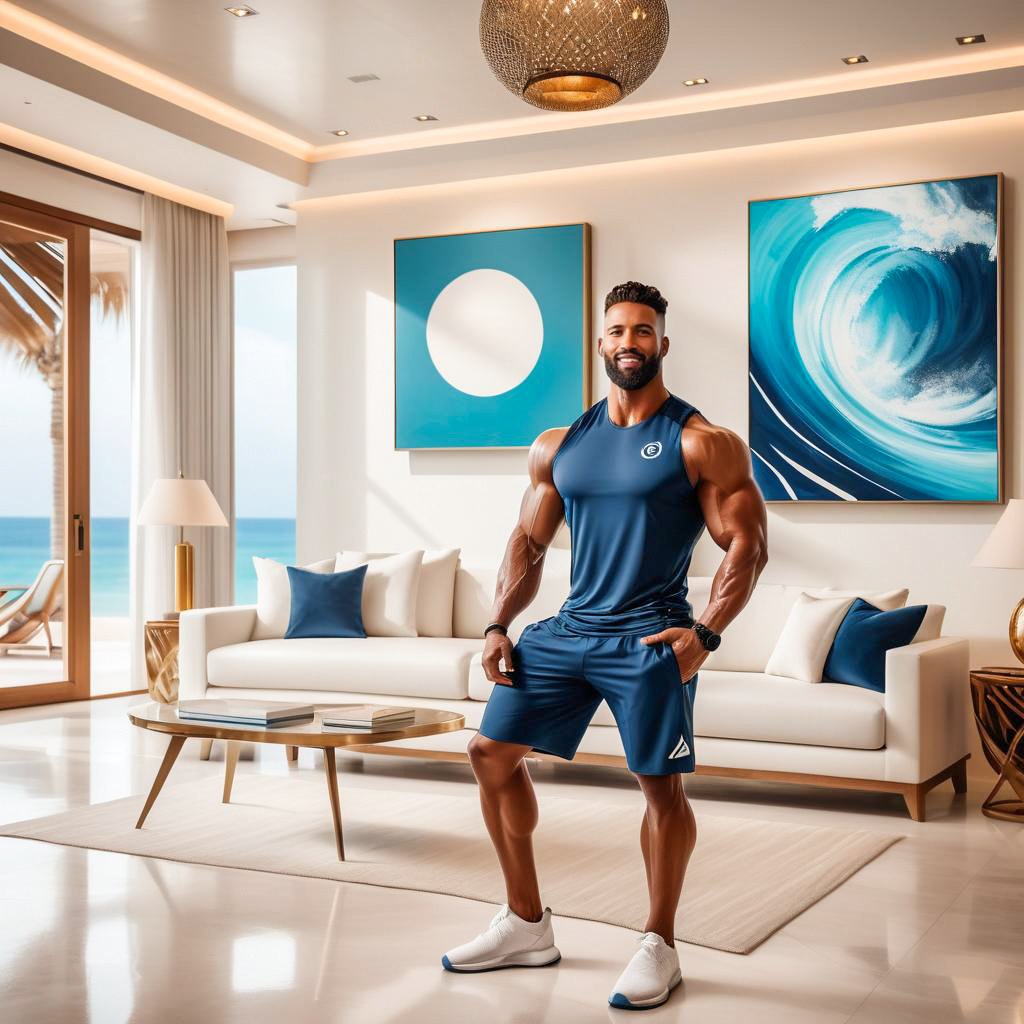 Confident Man in Modern Living Room with Ocean View Confident Man in Modern Living Room with Ocean View