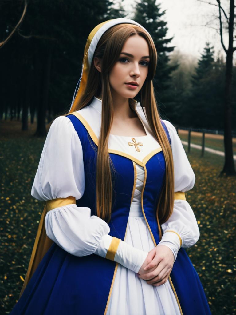 Cosplay Woman Dressed as Nunnally Lamperouge in Blue and White Costume