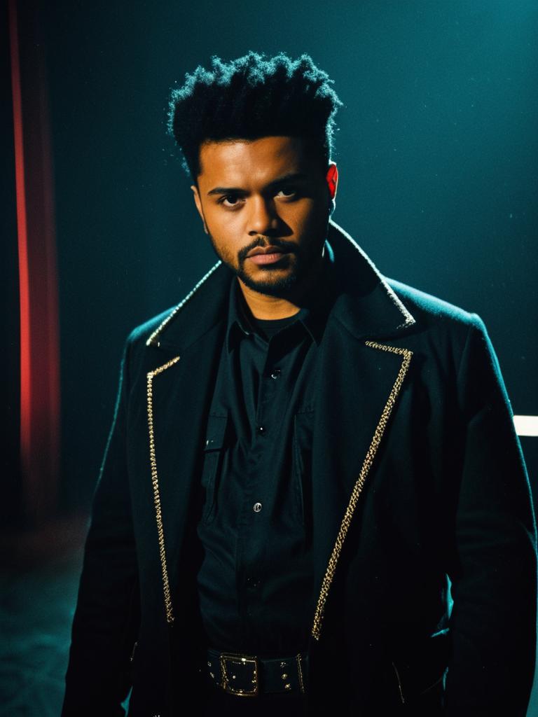 Man in The Weeknd Costume Waist Up Portrait with Dramatic Cinematic Light