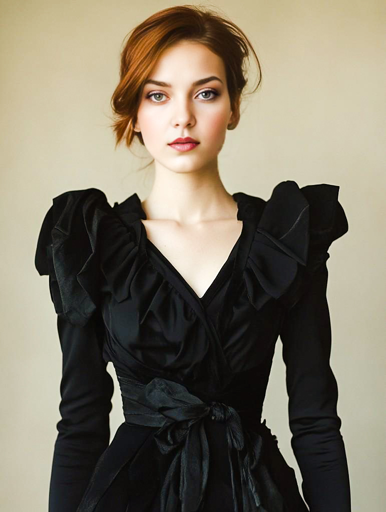 Elegant Woman in Black Dress with Ruffles