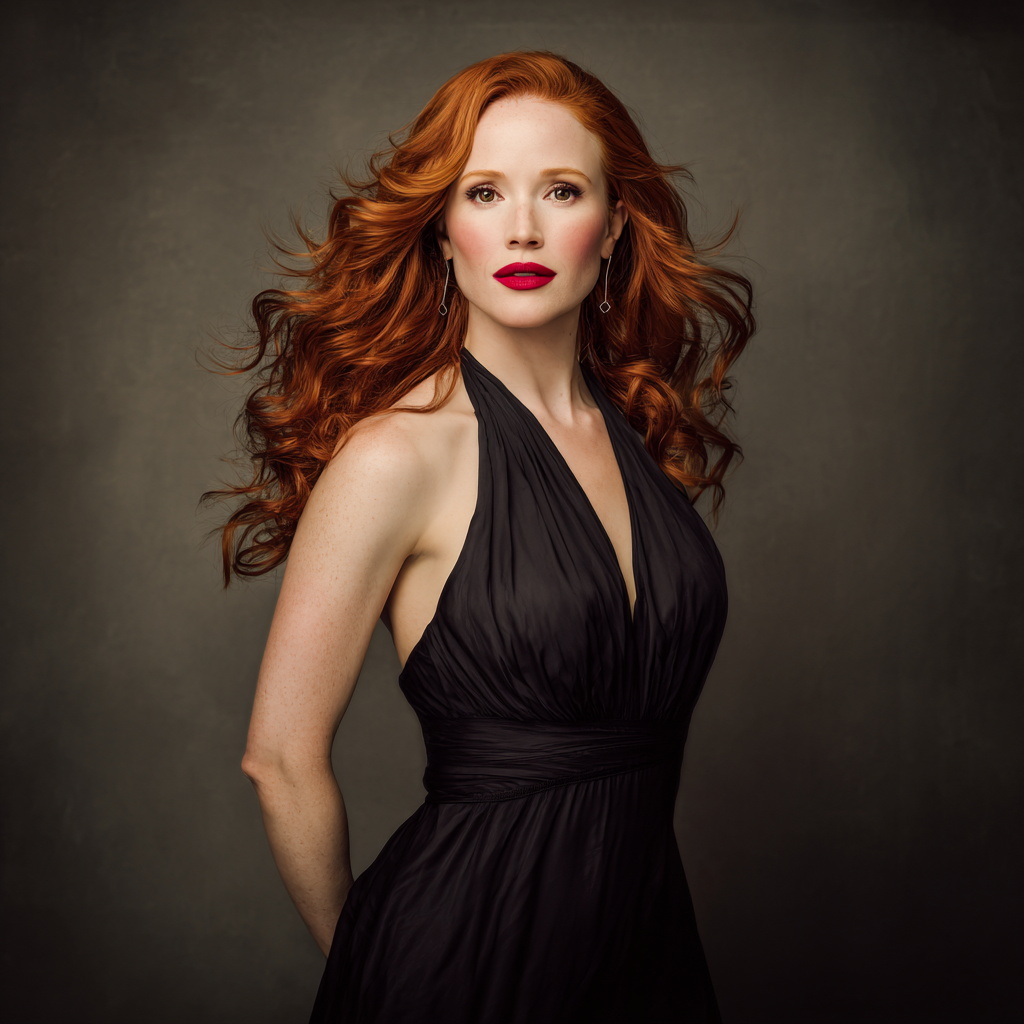 Glamorous Red-Haired Woman in Black Halter Dress