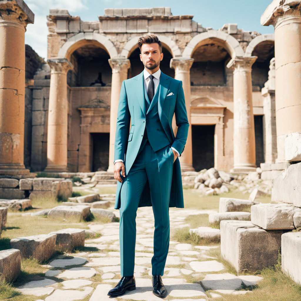 Stylish Man in Turquoise Suit at Ancient Ruins