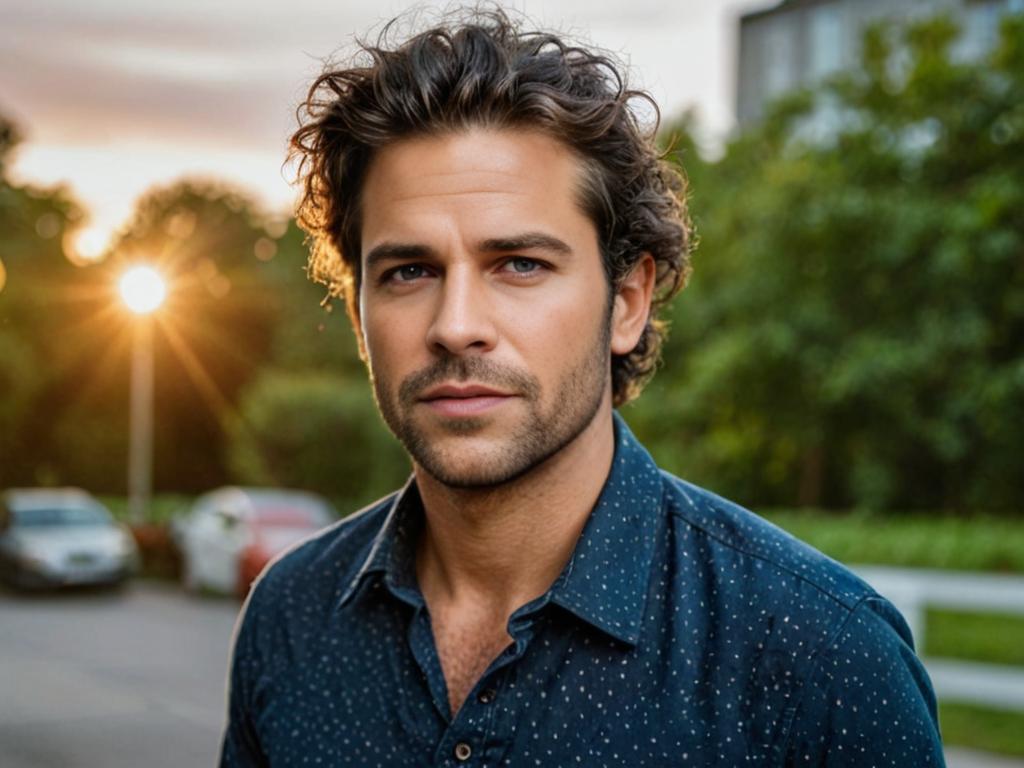 Man in Polka-Dotted Shirt at Sunset