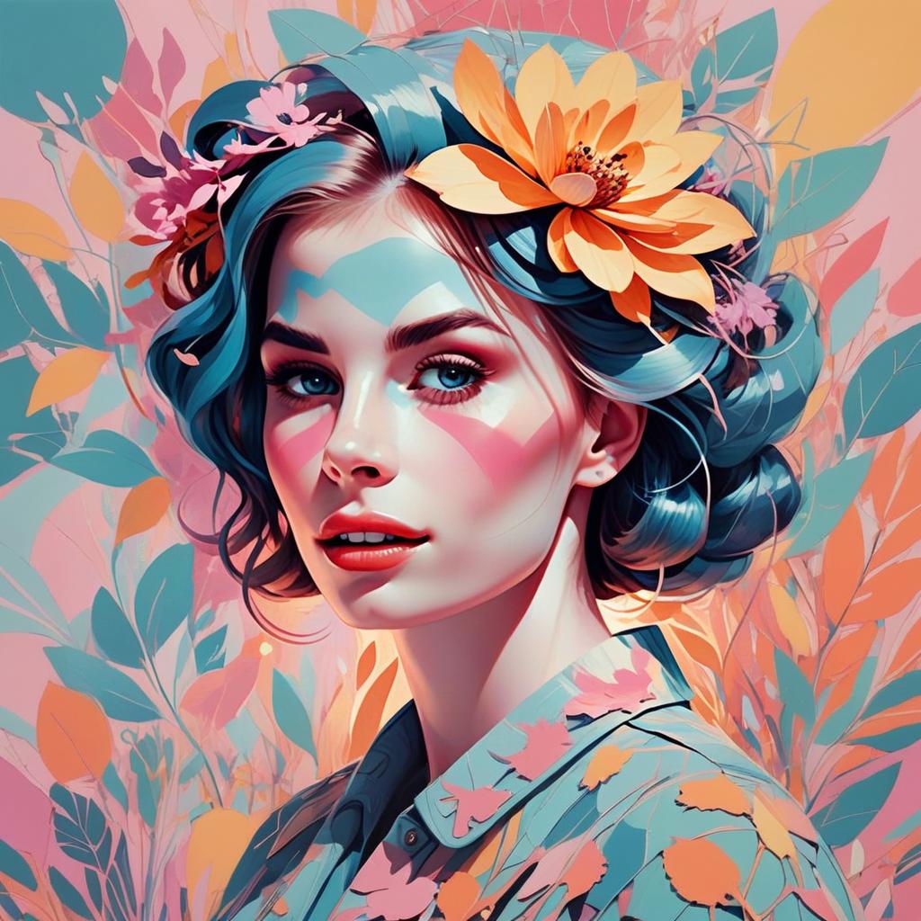 Digital Portrait of Woman with Blue Hair and Floral Accents