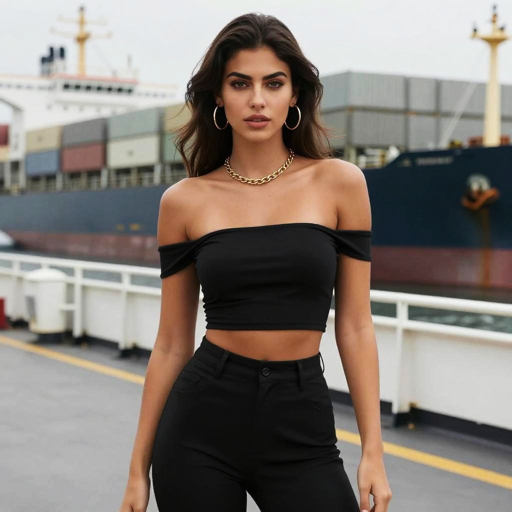 Busty Woman in Contemporary Black Off-the-Shoulder Crop Top and High-Waisted Pants by Dock