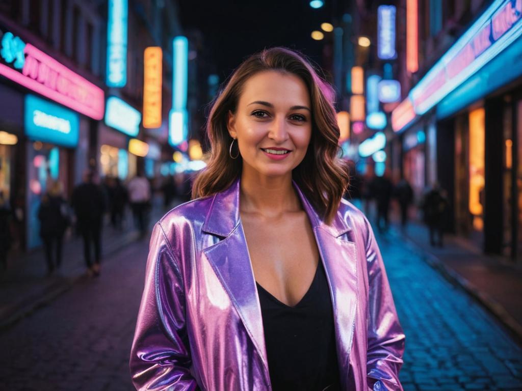 Confident Woman in Stylish Outfit on Neon-Lit Street