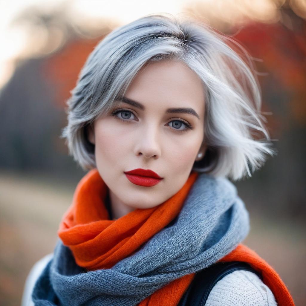 Portrait of Woman with Silver Hair and Red Lipstick in Autumn Scarf