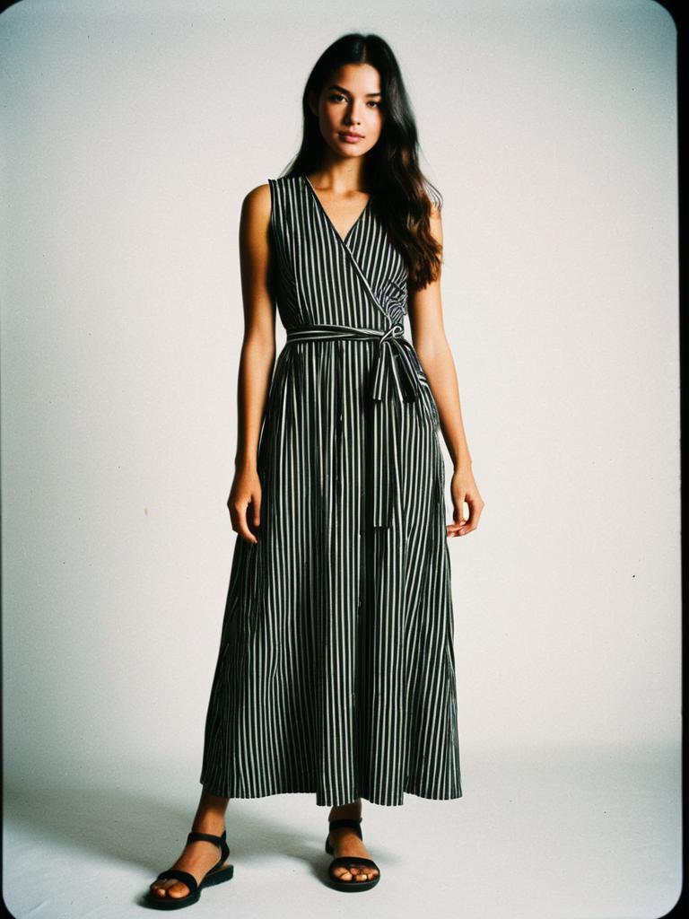 Woman Wearing Casual Chic Sleeveless Black and White Striped Maxi Dress