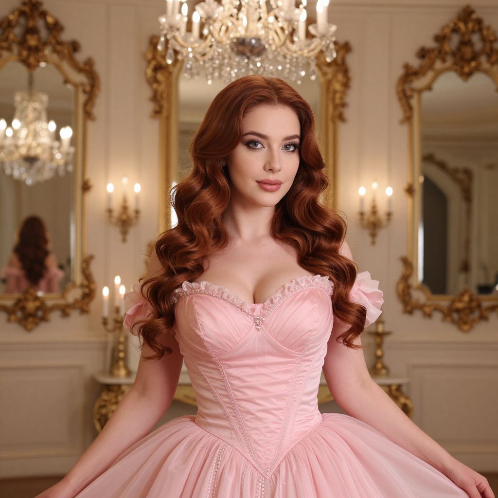 Elegant Woman in Pink Vintage Ball Gown in Luxurious Interior