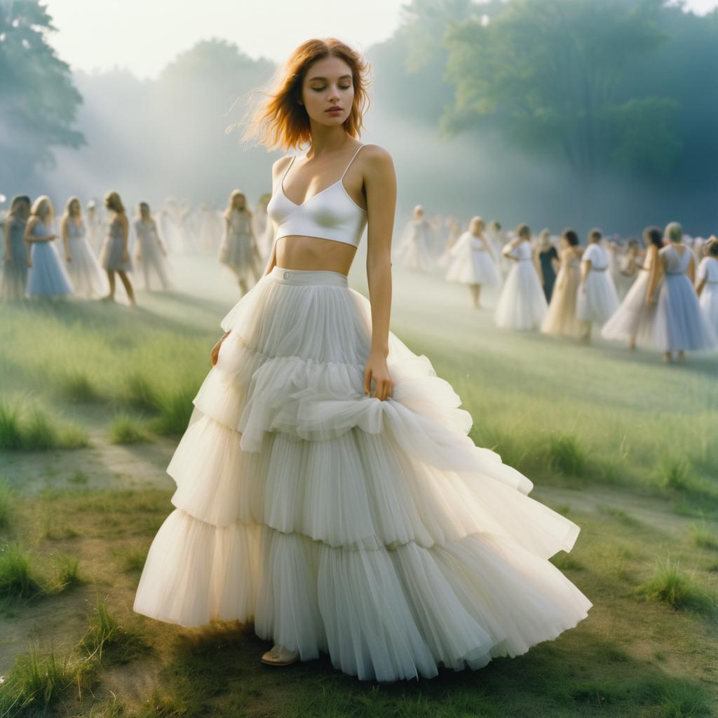 Woman in Flowing White Tulle Skirt in Dreamy Landscape