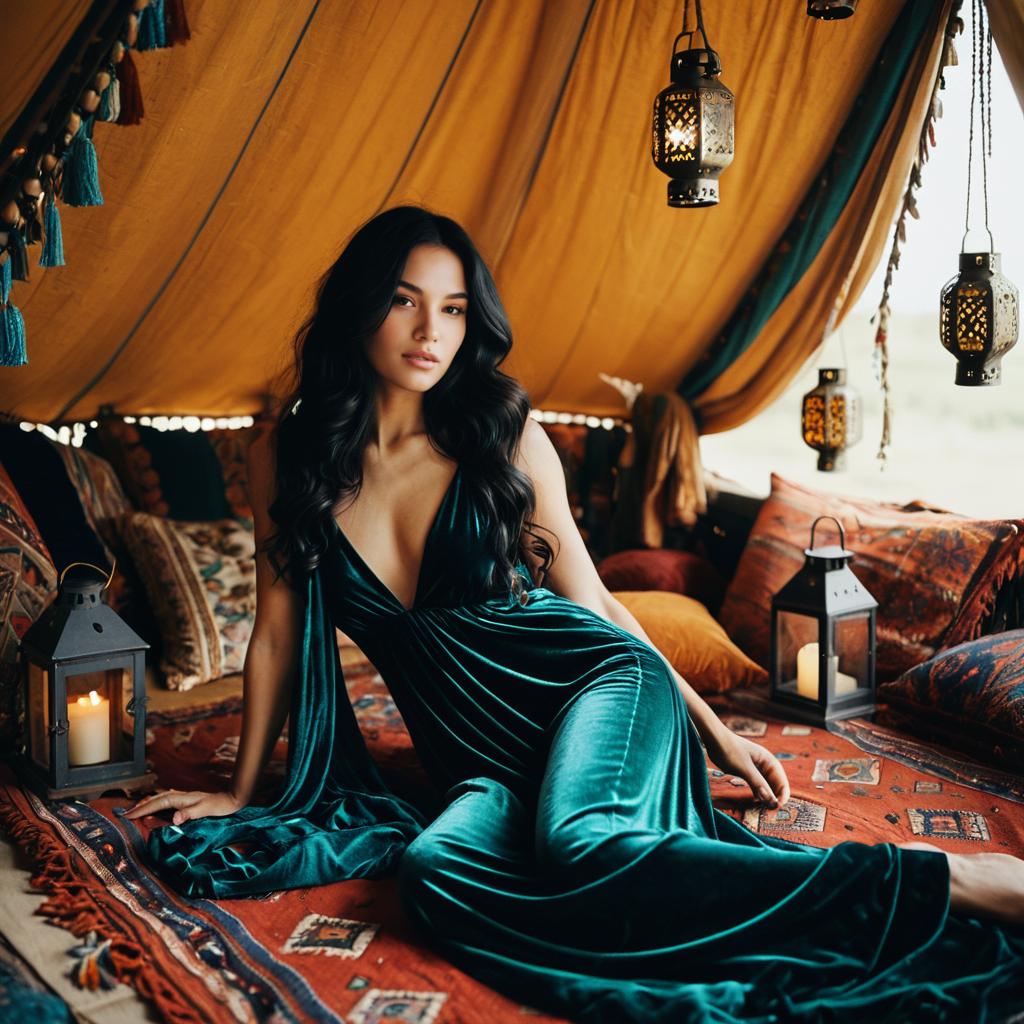 Elegant Woman in Green Velvet Dress Relaxing in Bohemian Tent Setting
