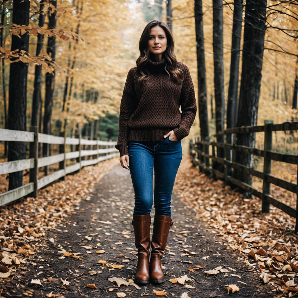 Woman in Cozy Sweater Walking on Autumn Path