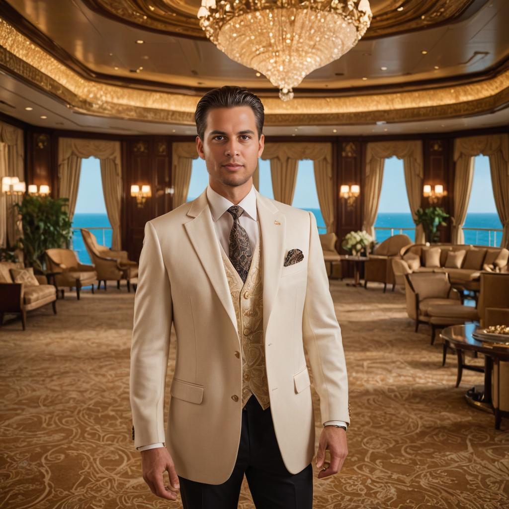 Stylish man in beige suit on luxury cruise ship