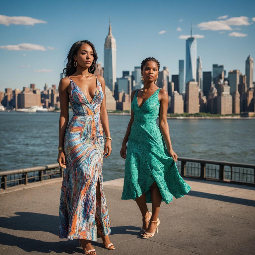 Elegant Women in Textured Dresses Against City Skyline