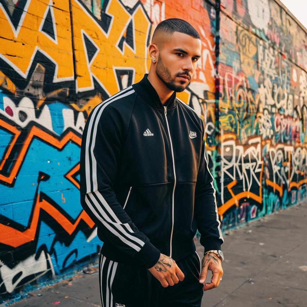 Urban Fashion Portrait of Man in Black Adidas Tracksuit with Graffiti Background