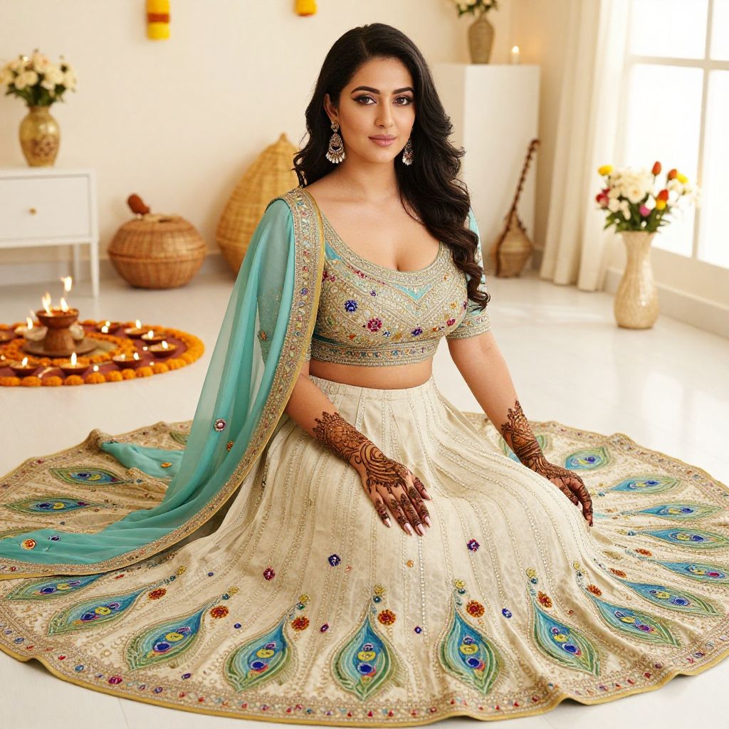 Woman Wearing Detailed Embroidered Peacock Motif Lehenga with Henna in Festive Setting