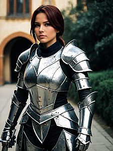 Woman Cosplay Wearing Metal Knight Costume Realistic Photo