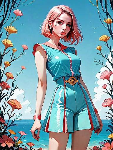 Young Woman Wearing Blue Rash Guard Outfit by the Sea with Floral Frame